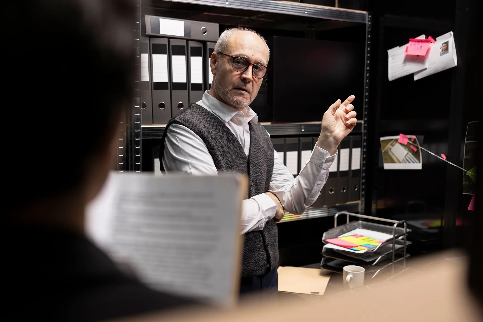 Man in vest gesturing, speaking in a room with filing cabinets and documents.
